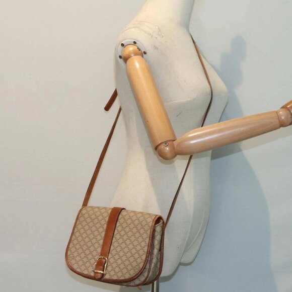 CELINE Macadam Canvas Shoulder Bag Beige Gold Auth - Picture 1 of 16